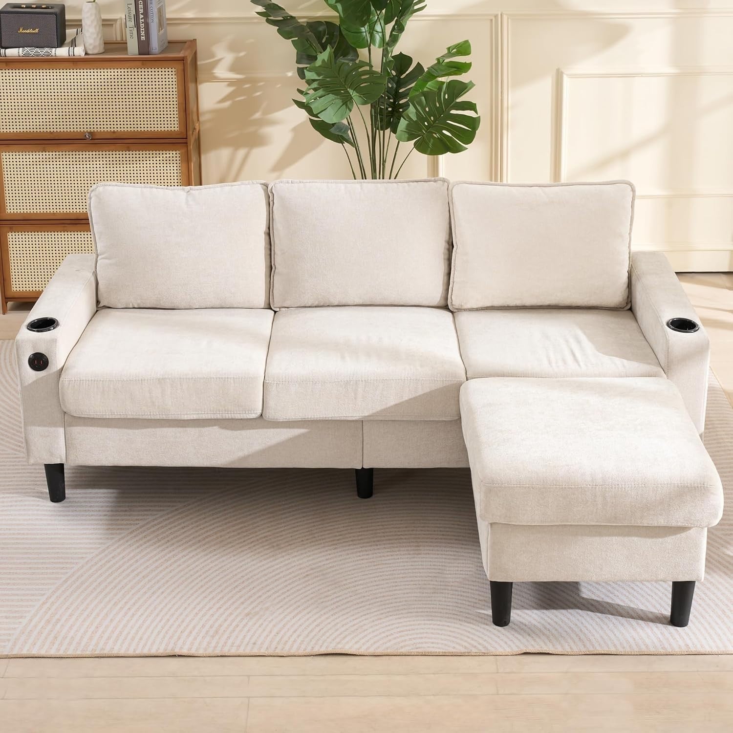 3-4 Seater Beige L-Shaped Sofa with Reversible Chaise, USB Ports & Cup Holders