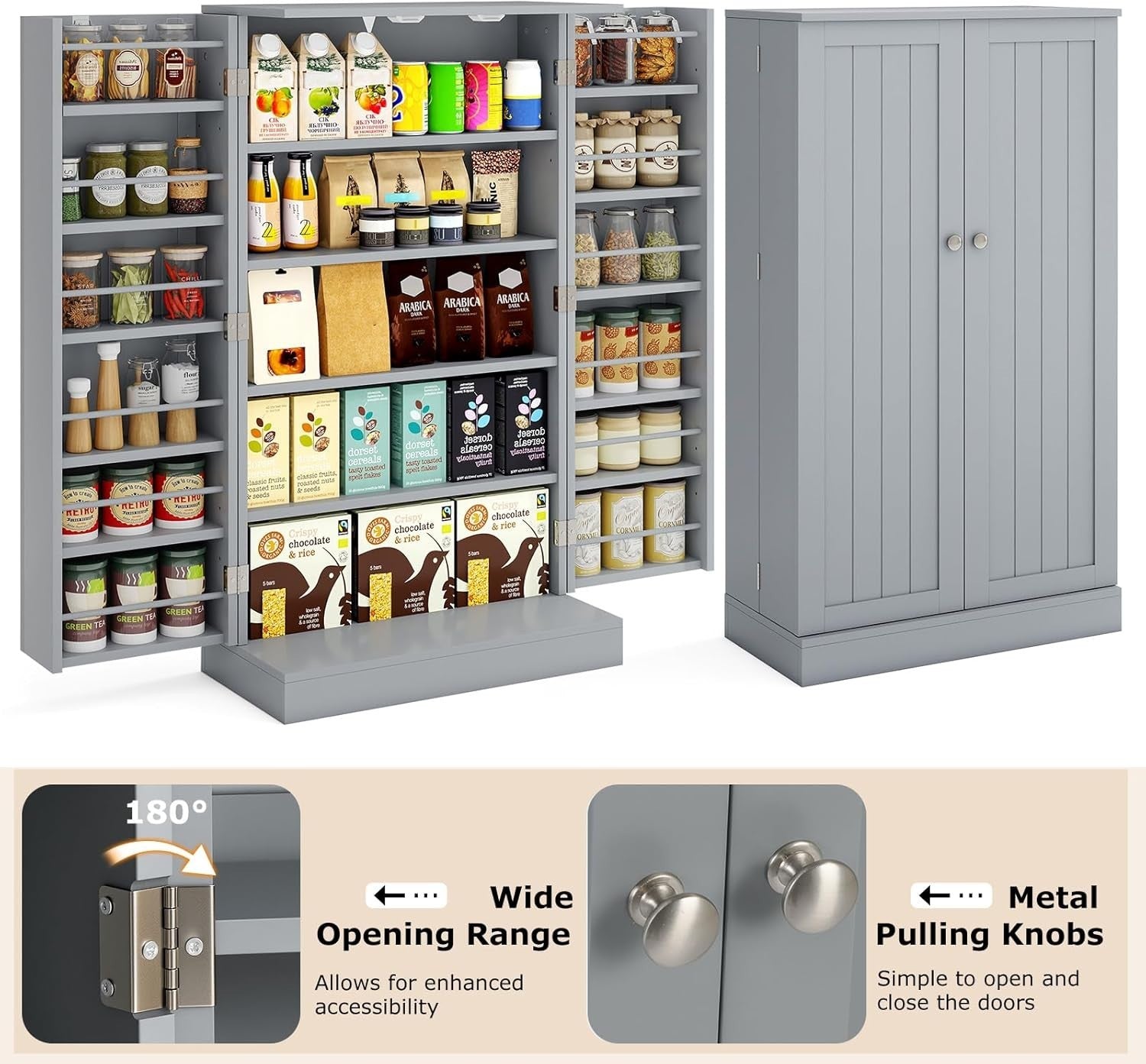 Kitchen Cupboard Pantry Cabinet 17 Shelves 2 Doors Grey Small