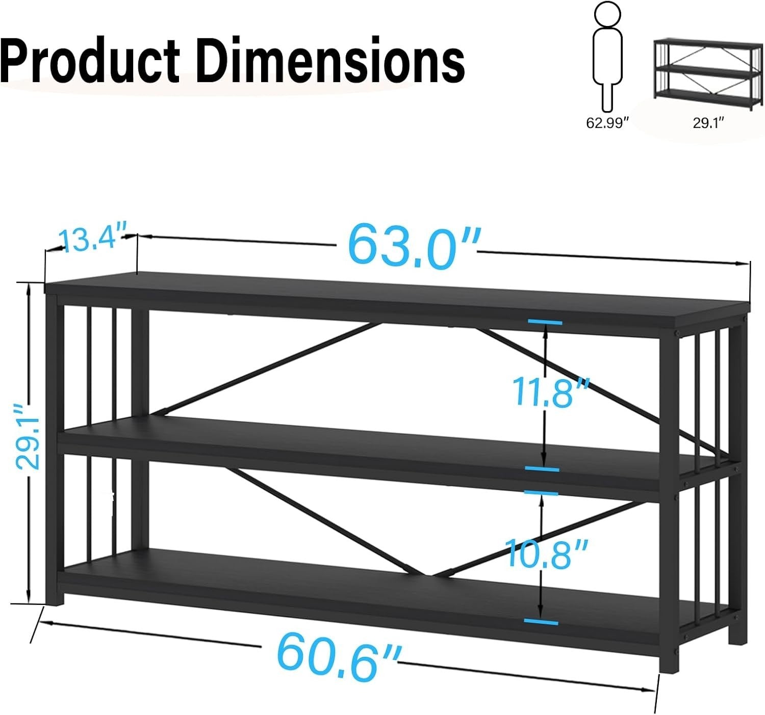 Modern Industrial Black Oak Console Table 160x34x74 cm Storage Shelf