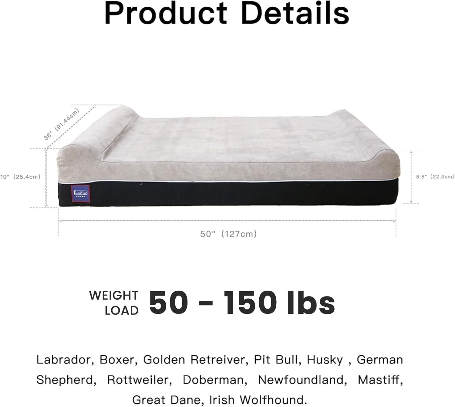 XL Orthopedic Memory Foam Dog Bed 50x36x10in Washable Grey