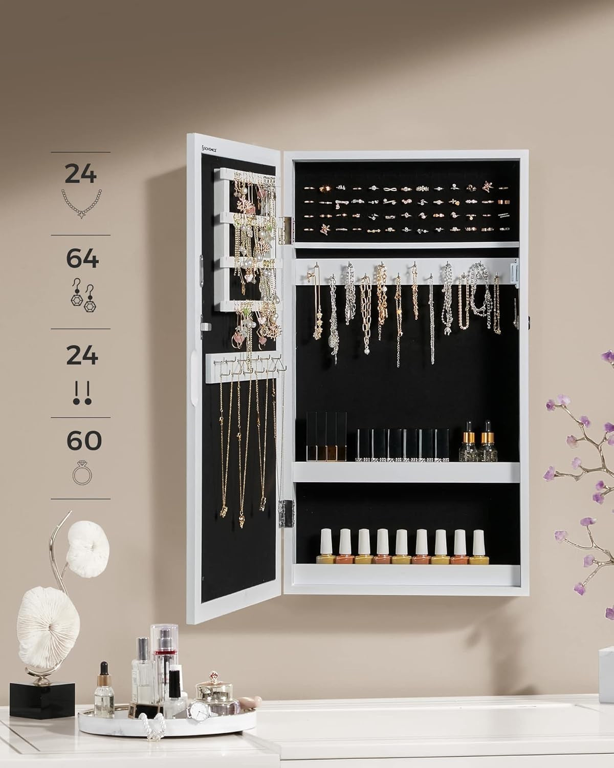 White & Black Mirrored Lockable Wall Mounted Jewelry Cabinet Organizer