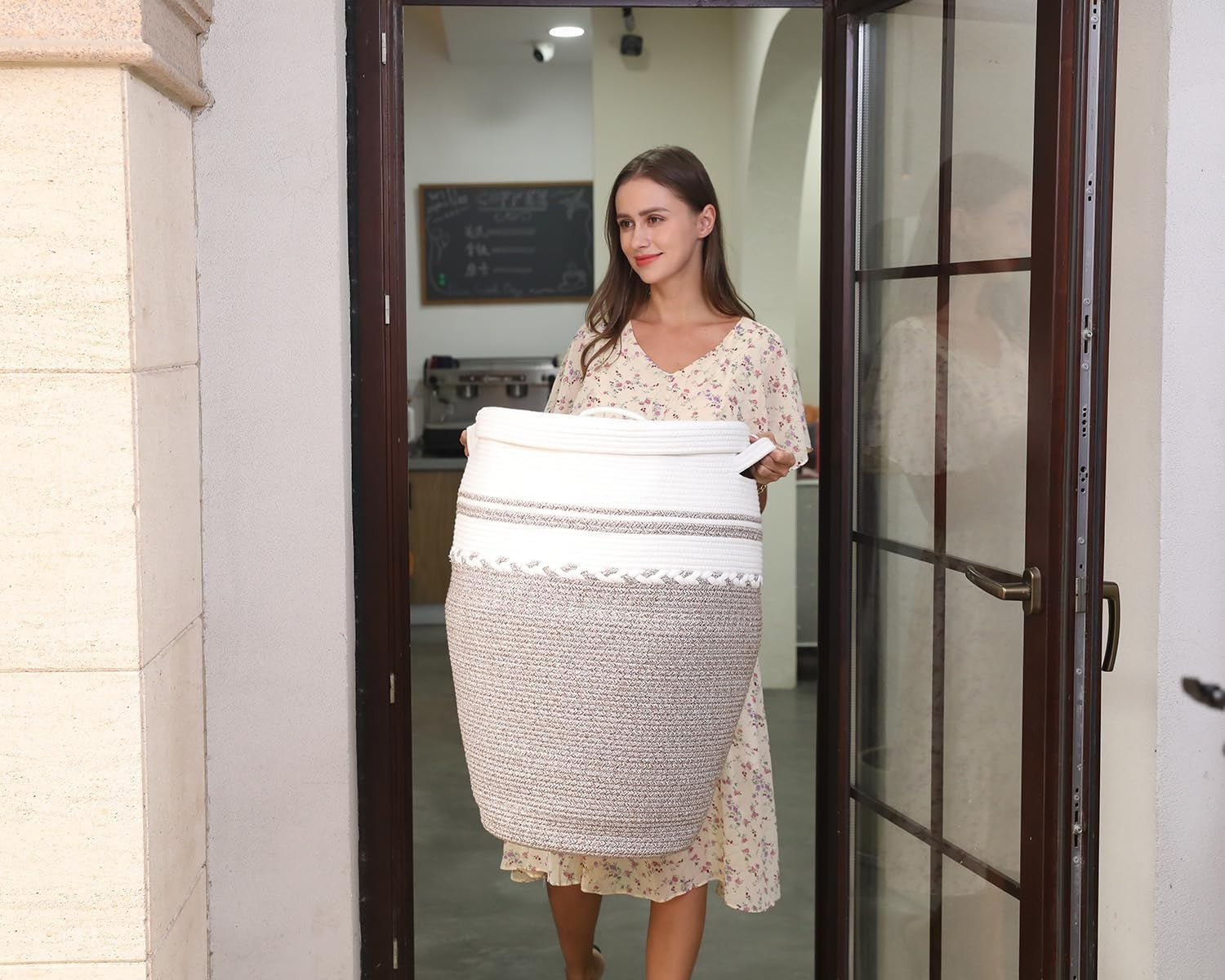 26" Tall White Camel Cotton Rope Laundry Basket with Lid Large Woven Storage Bin