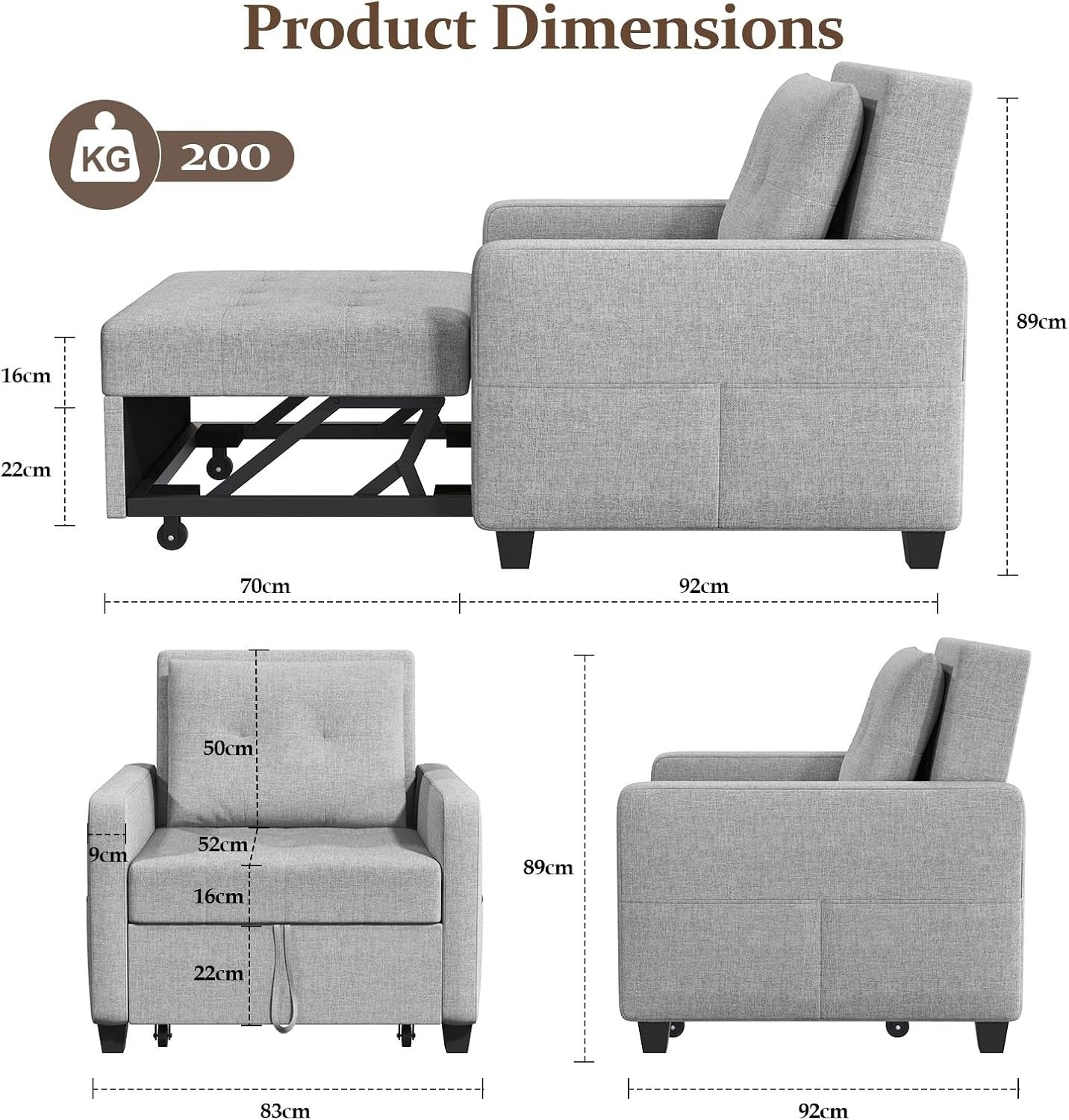 3-in-1 Sofa Bed Grey Single Chair Sleeper w/ Storage, Foldable & Adjustable