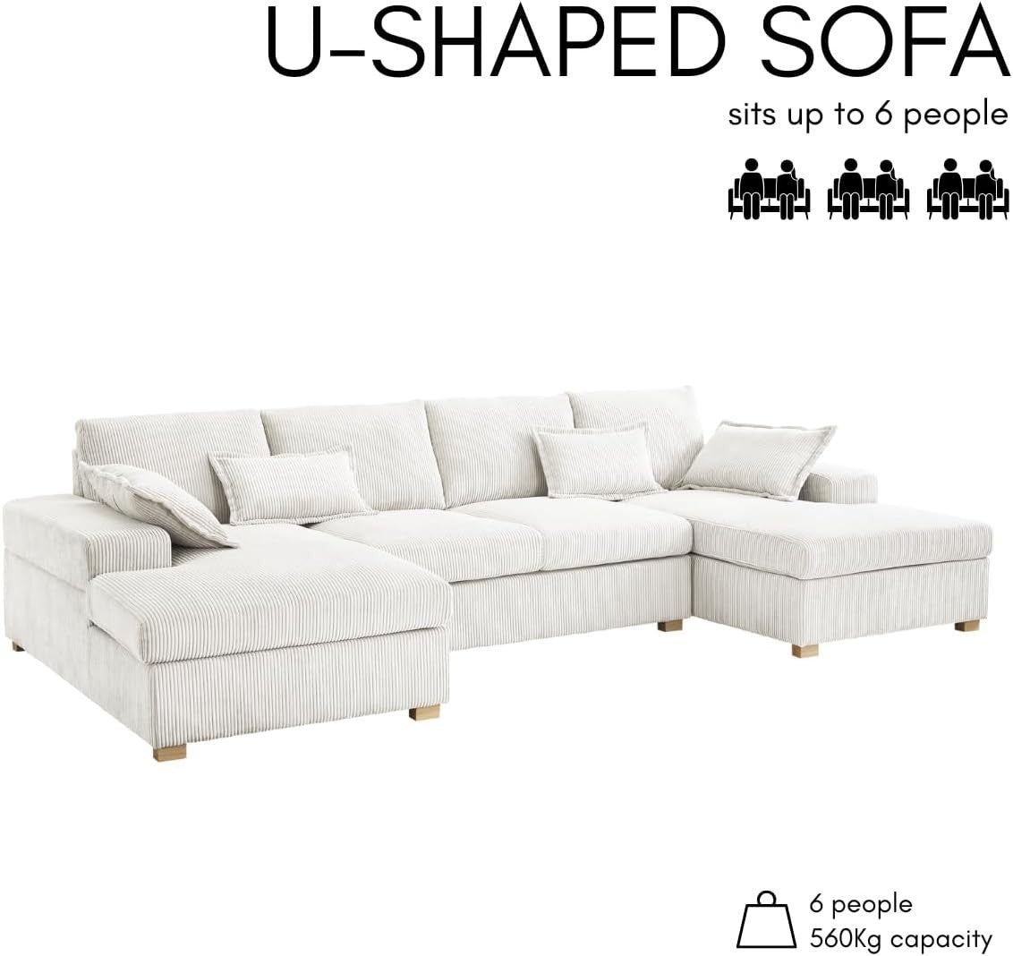 Large Cream Jumbo Cord U-Shape Sofa | Deep Seat, 5-Seater + Footstool