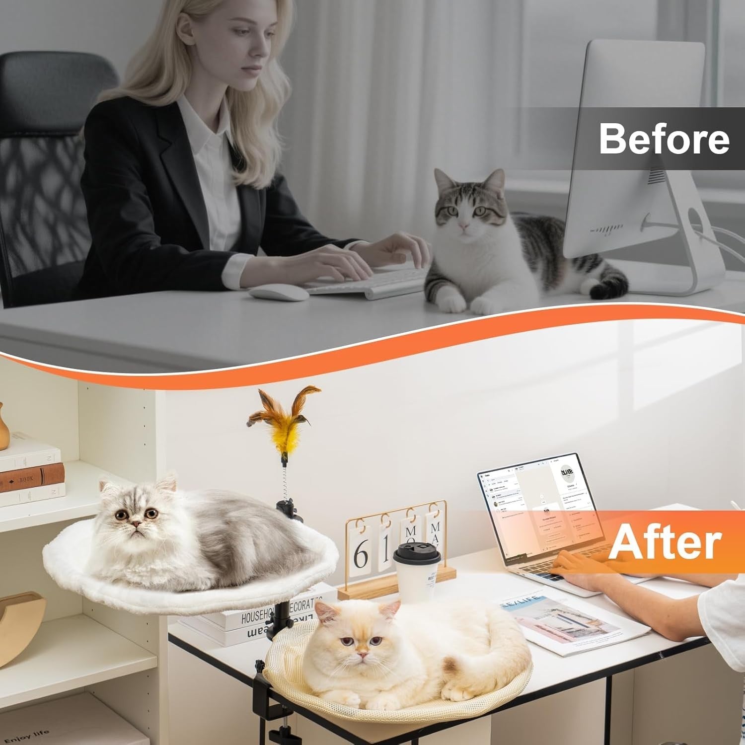 Double Layer Cat Desk Bed 360° Rotating Perch Adjustable w Washable Covers