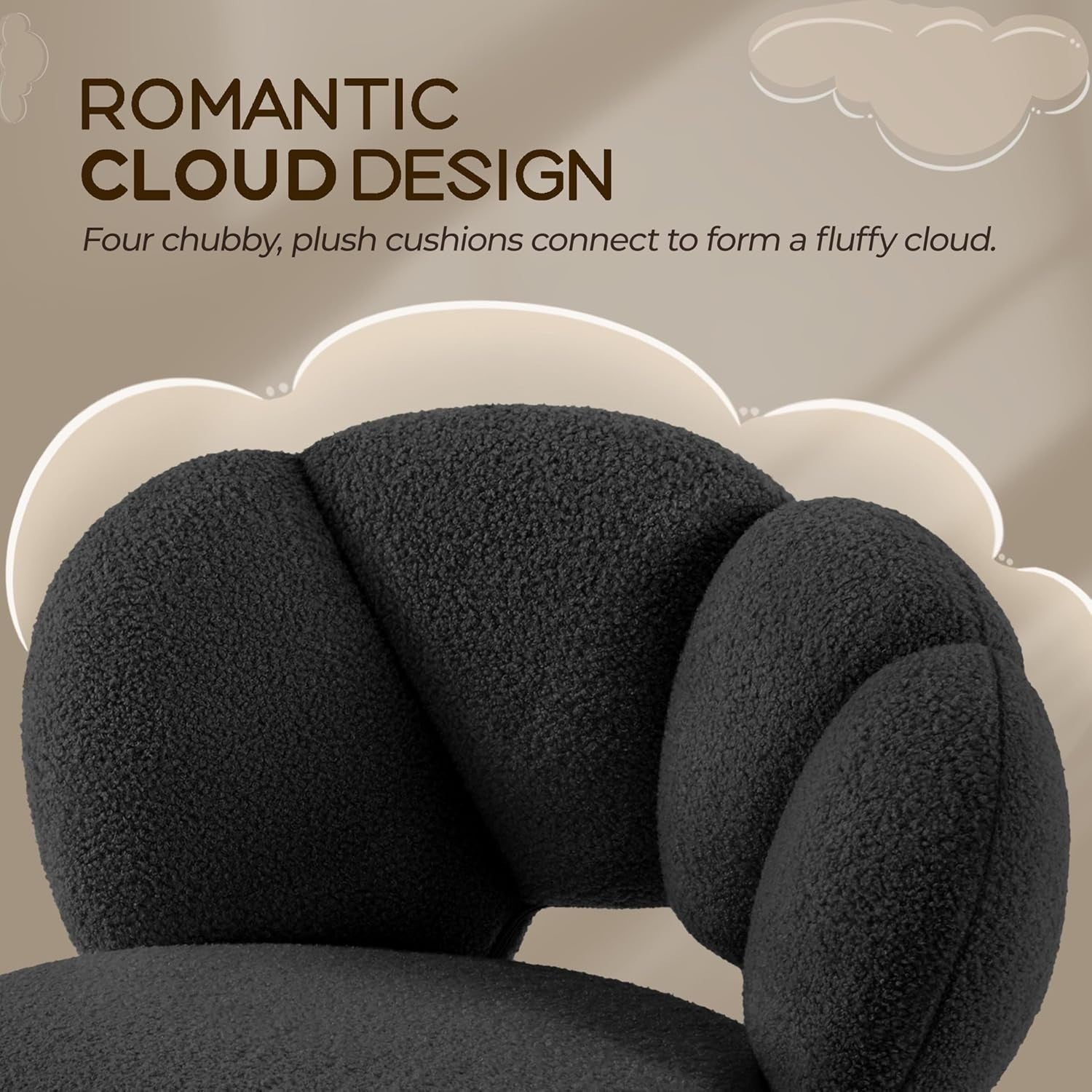 Black Boucle Cloud Vanity Chair Swivel Adjustable Desk Chair with Wheels