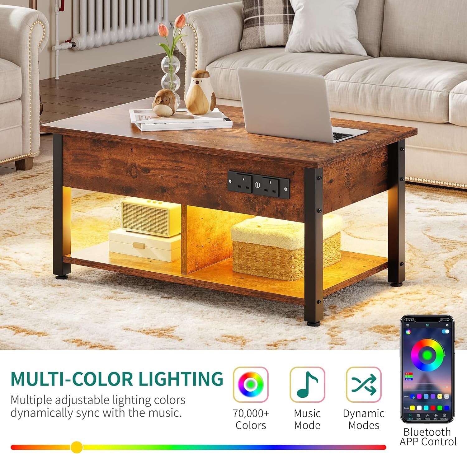 Lift-Top Coffee Table with Hidden Storage & LED Lights, Power Outlets