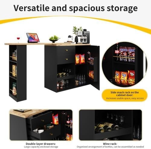 360° Rotating L-Shape Dining Bar Table with 2 Drawers & Storage 105x39x102cm