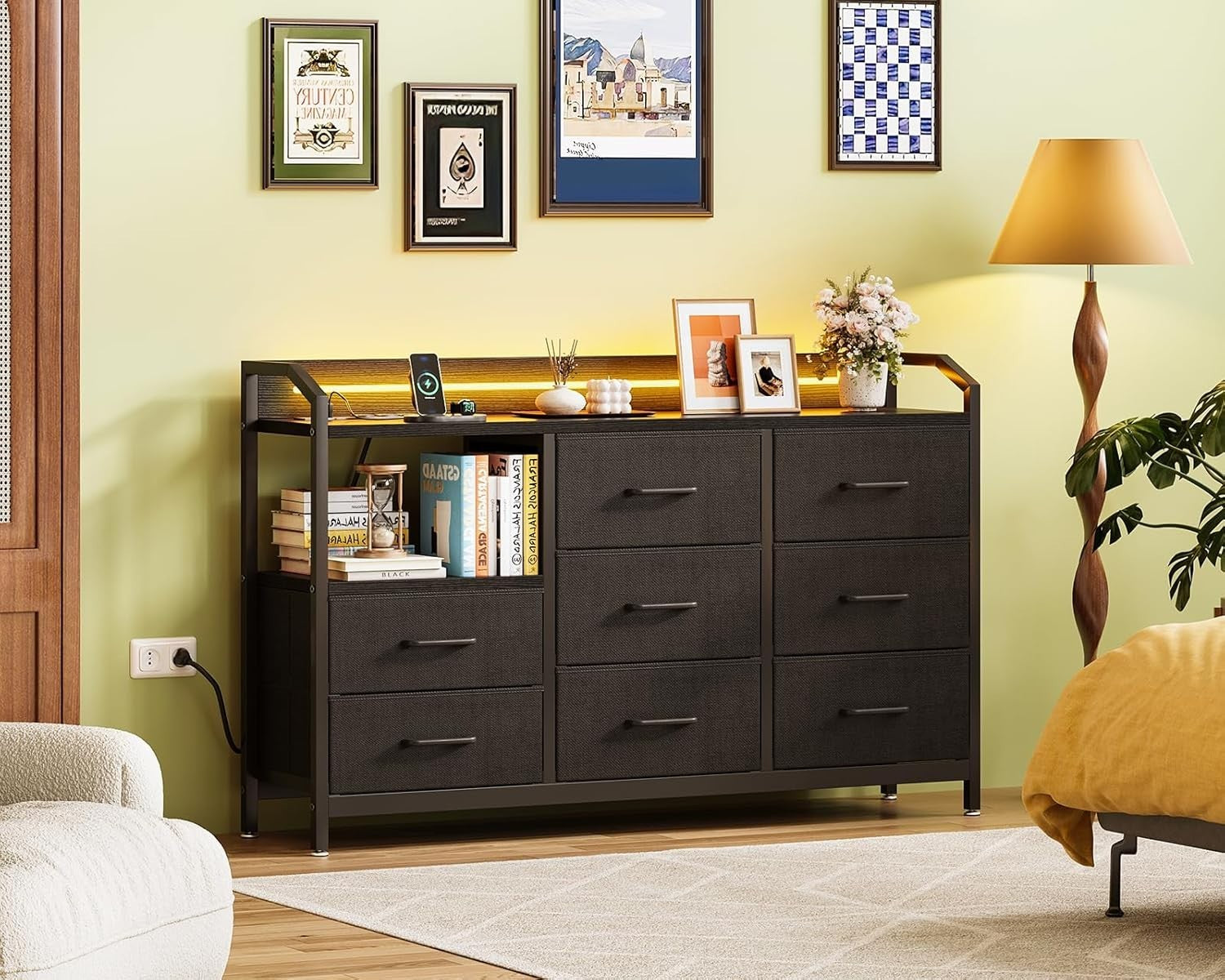Black 8-Drawer Chest with LED Lights USB AC Outlets Fabric Storage Cabinet
