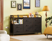 Black 8-Drawer Chest with LED Lights USB AC Outlets Fabric Storage Cabinet
