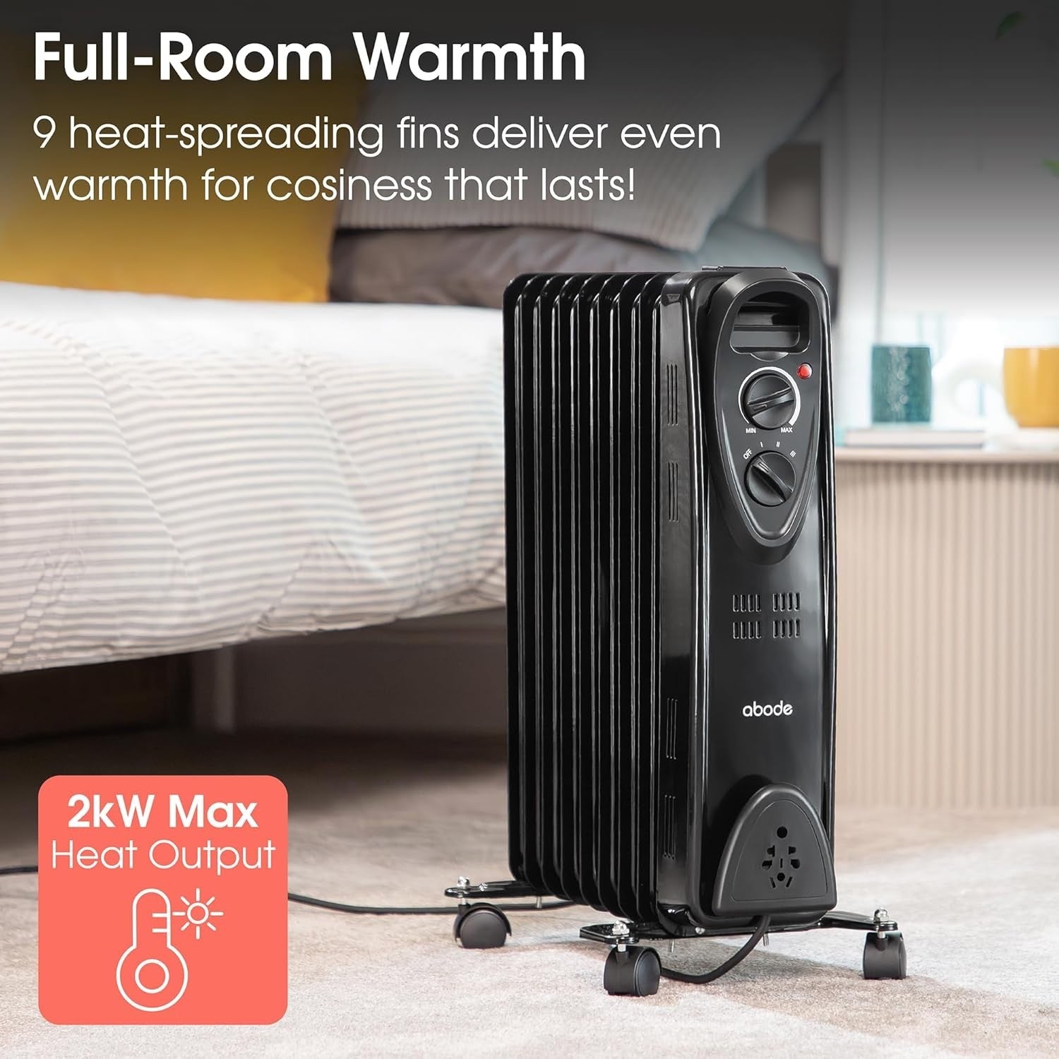 2000W Oil Filled Radiator Heater 9 Fin Portable Electric Thermostat Black
