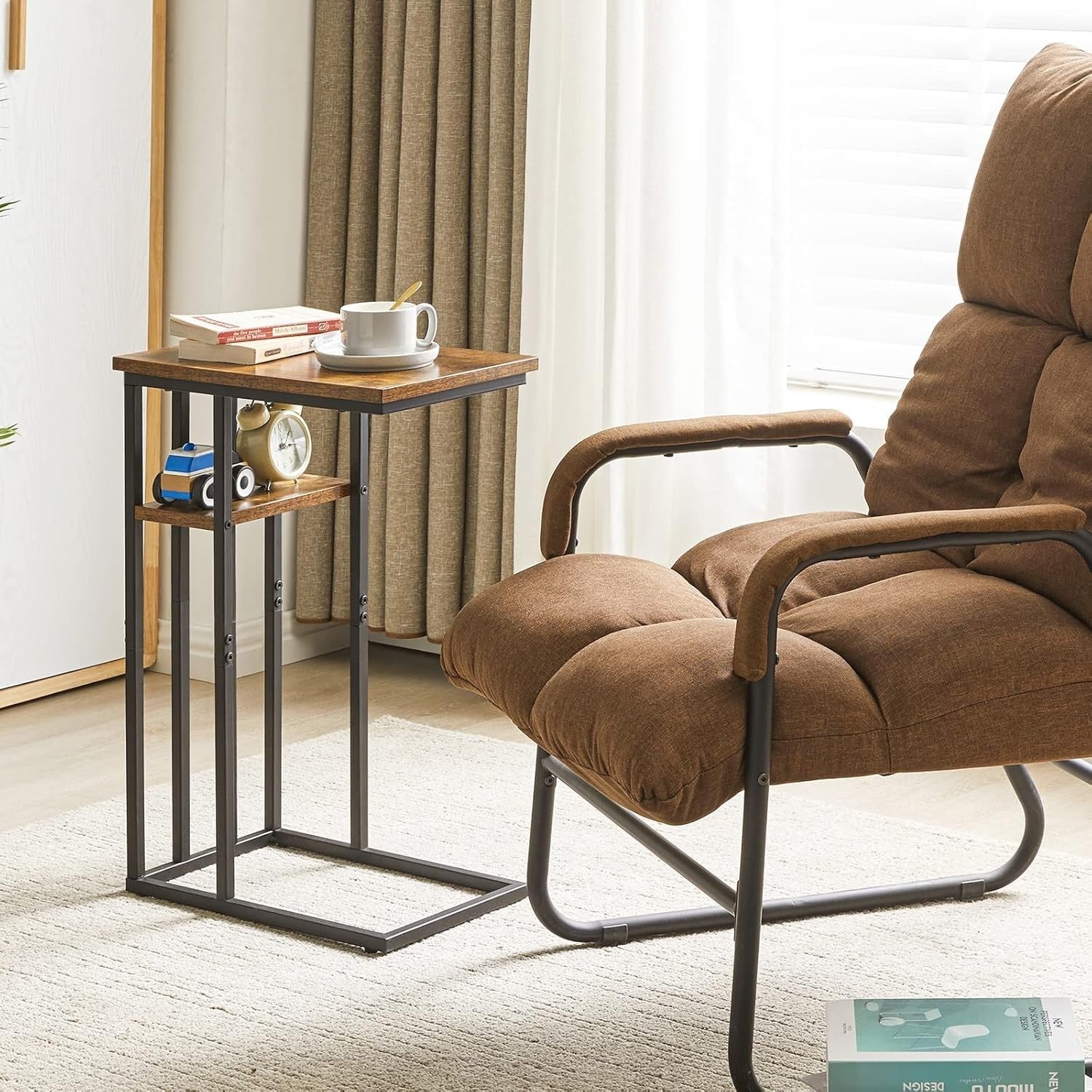 Rustic Brown C-Shaped Side Table 40x26x60 cm | Small End Table for Sofa & Bed