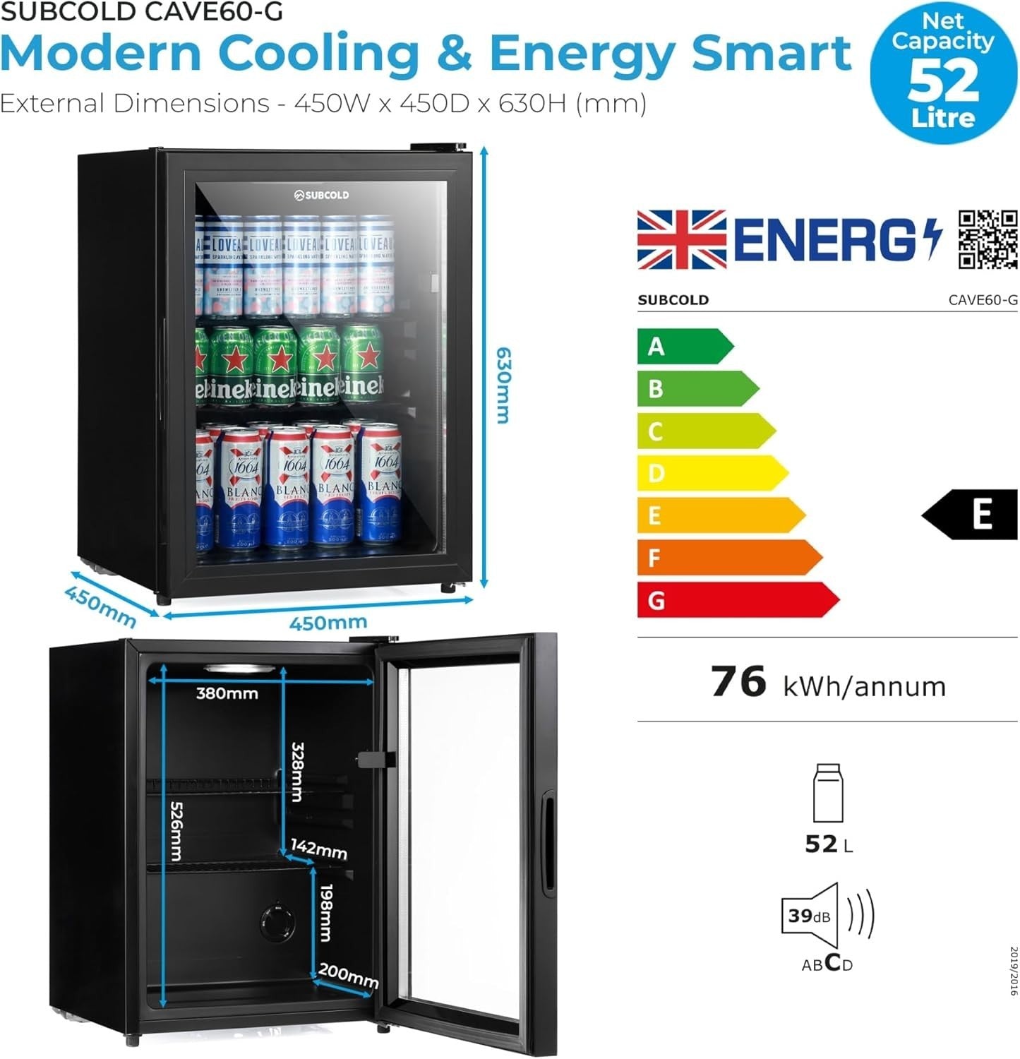 54L Mini Fridge Beer & Drink Cooler LED Glass Door Black Countertop