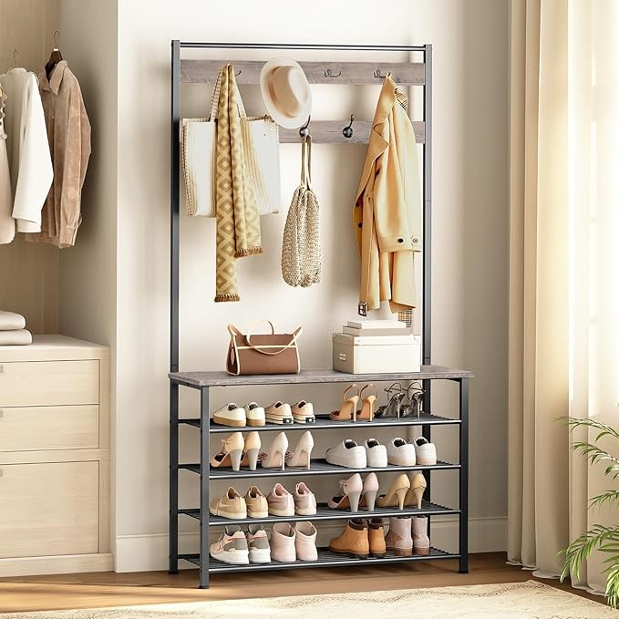 Industrial Coat Rack with Shoe Bench & 9 Hooks | Greige Hall Tree Organizer for