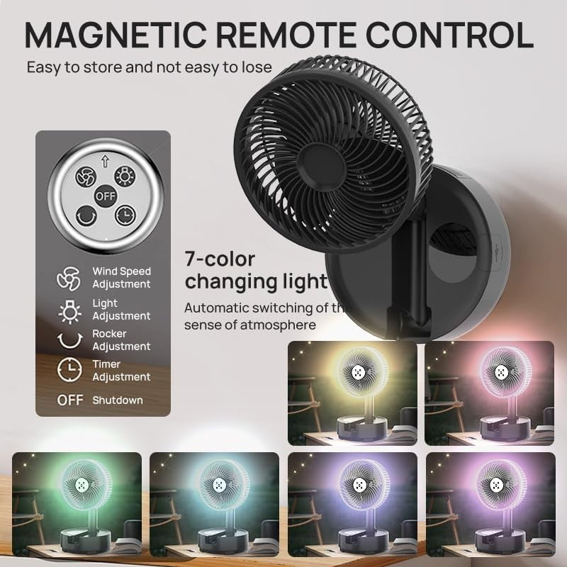8-Inch Portable Fan – Wireless Rechargeable w/ LED Light & Remote for Travel