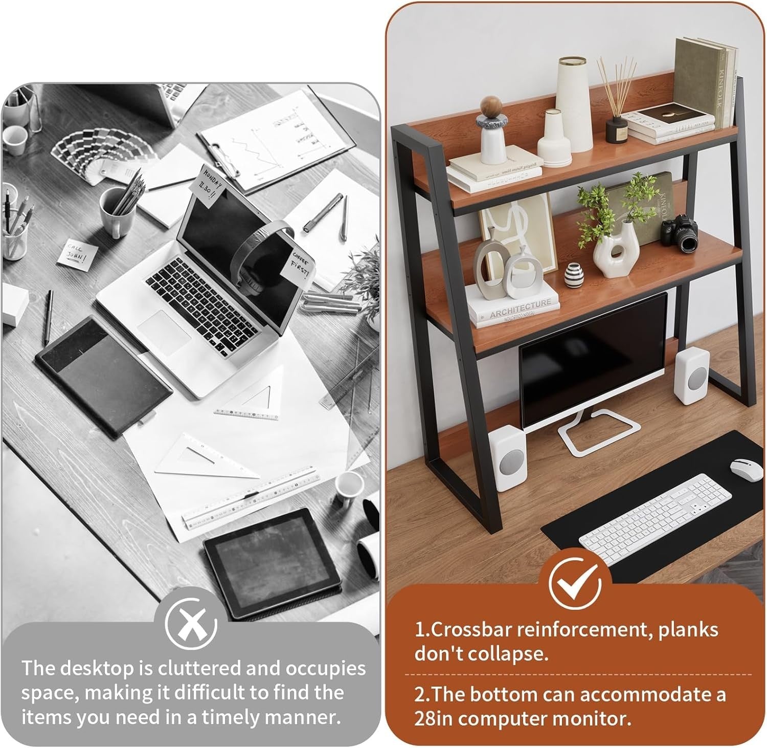55cm Desktop Hutch 2-Tier Ladder Shelf Organizer Wooden Display Rack Brown