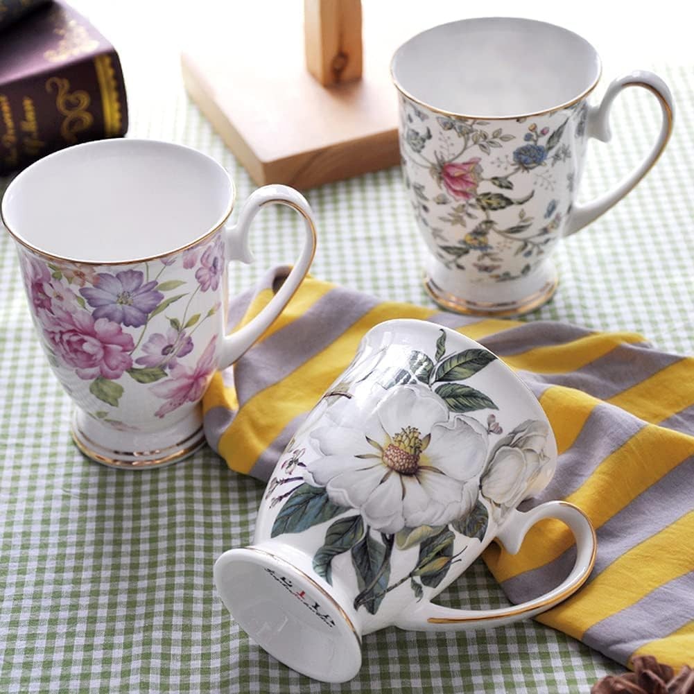 Floral Bone China Mug Set 4 Piece Coffee Tea Cups 11oz Gift Set