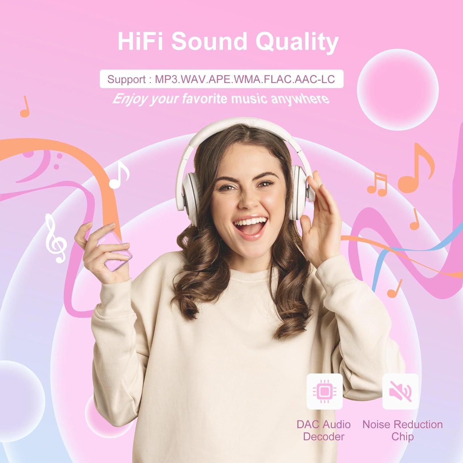 64GB Bluetooth MP3 Player Pink 2.4" Touchscreen HiFi FM