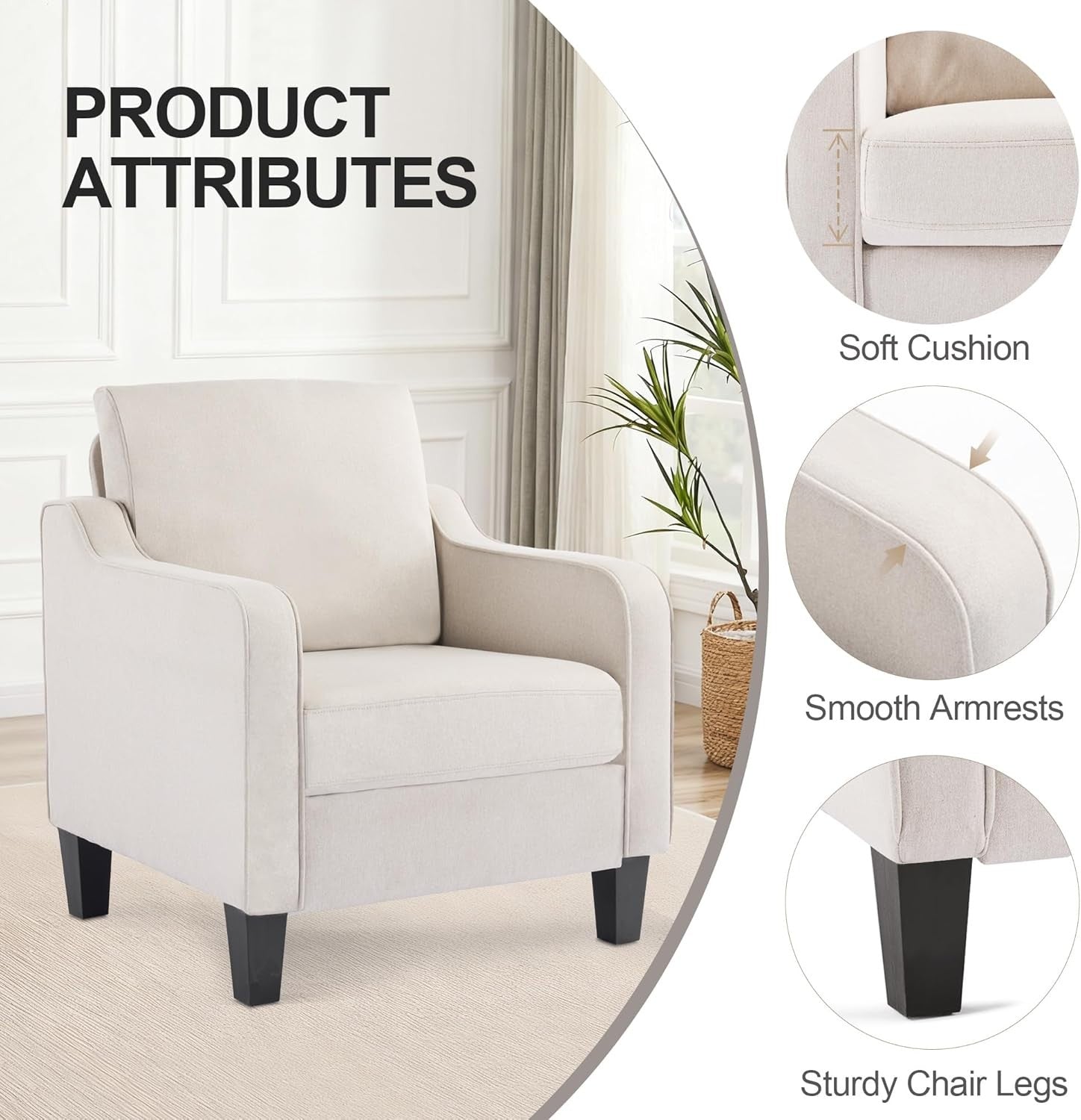 Set of 2 Mid Century Modern Accent Armchairs Linen Beige