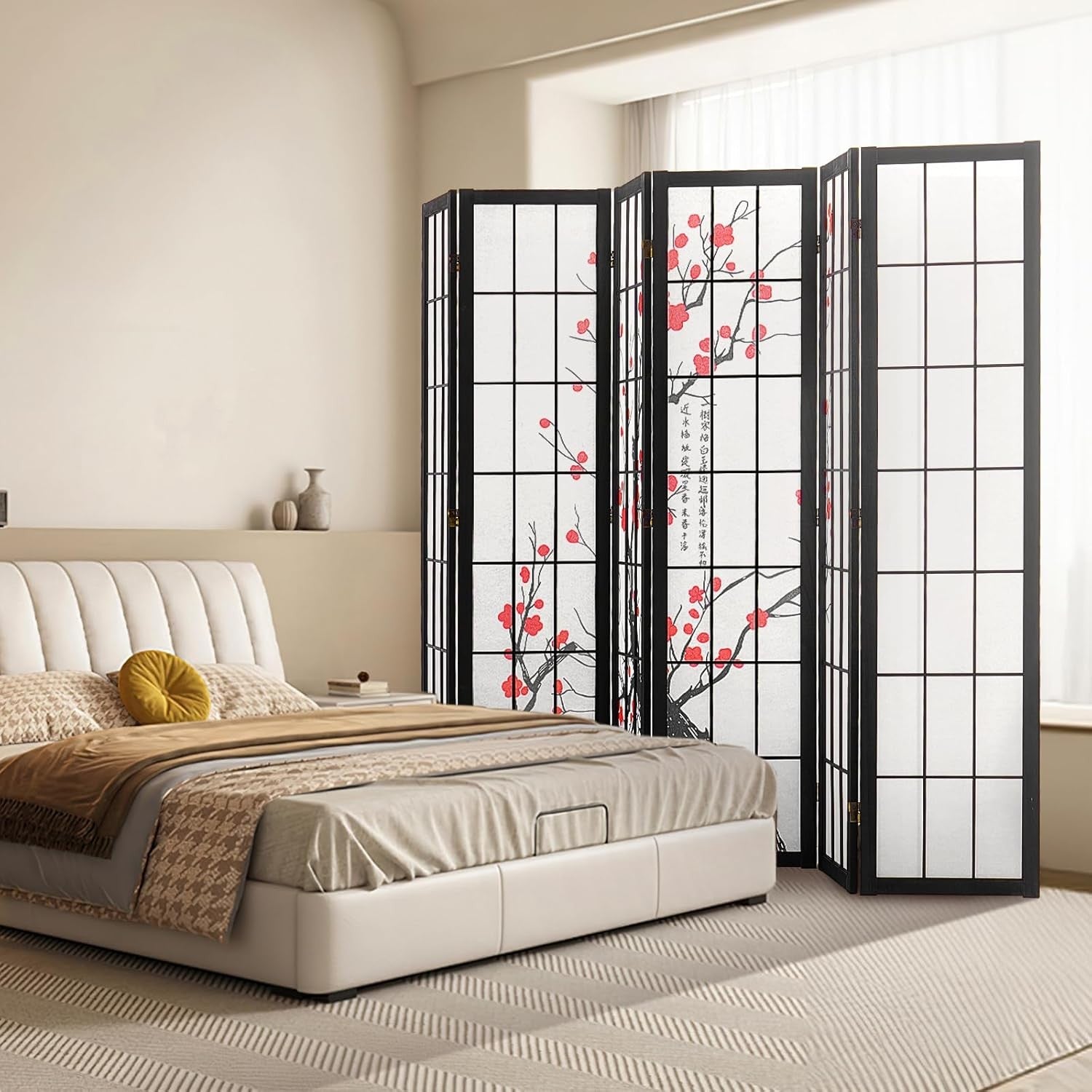 6 Panel White Folding Room Divider Cherry Blossom Privacy Screen 240x170cm