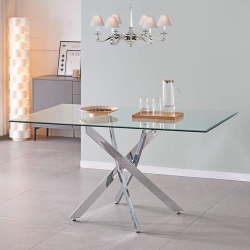 Rectangular Glass Dining Table 150cm Clear Top Silver Metal Legs 6 Seater