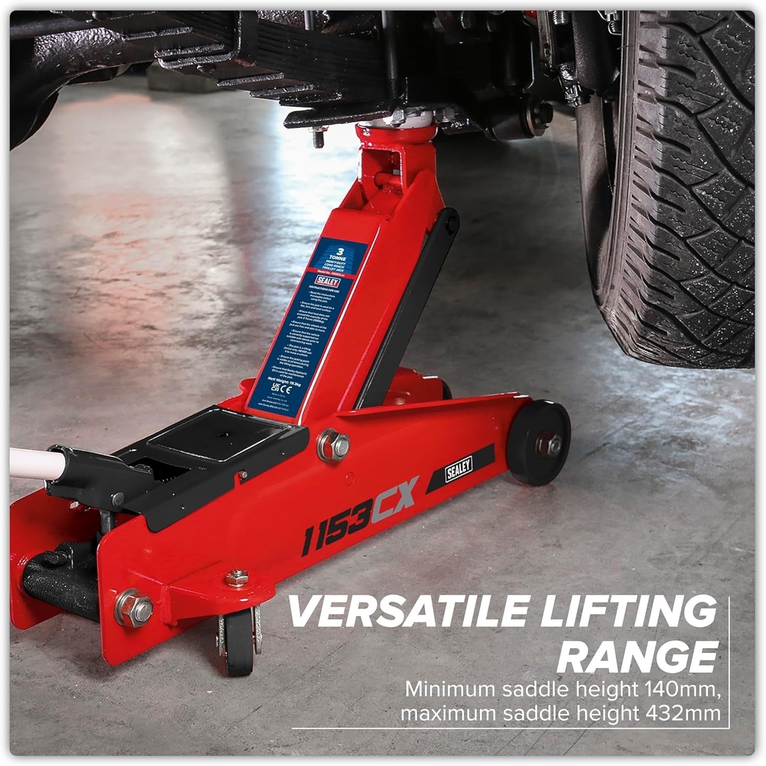 3 Ton Long Chassis Hydraulic Trolley Jack 140–432mm Heavy Duty Red
