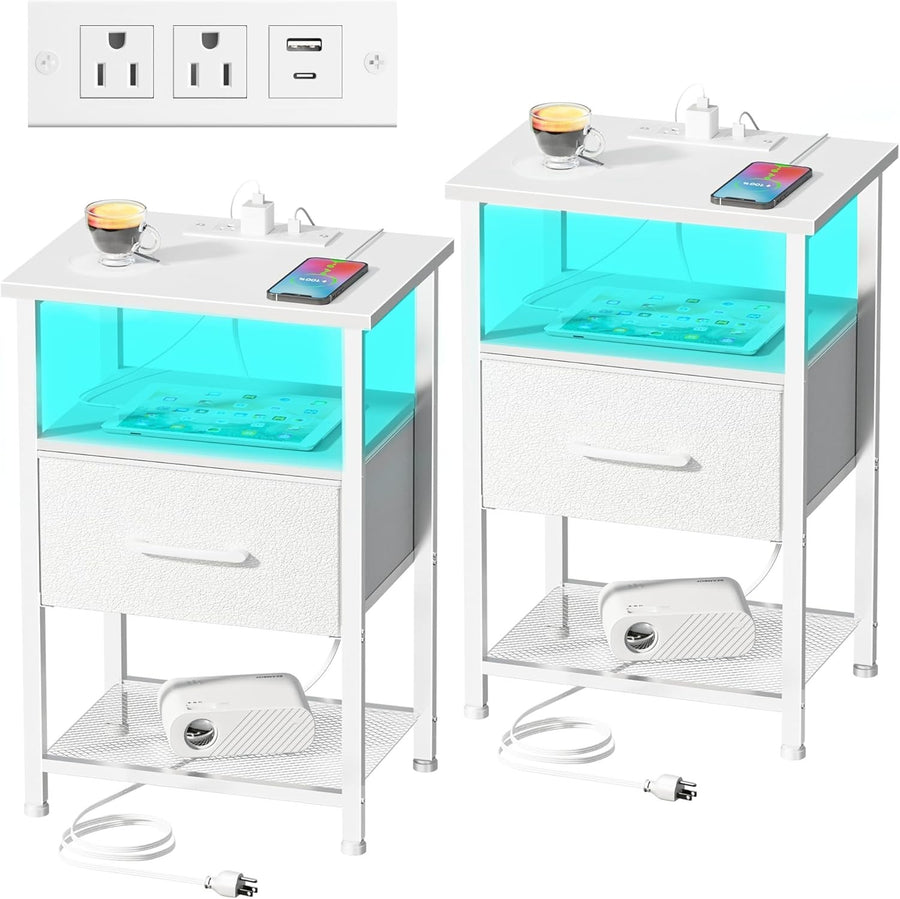 Set of 2 White LED Bedside Tables with Drawer & USB Charging Ports