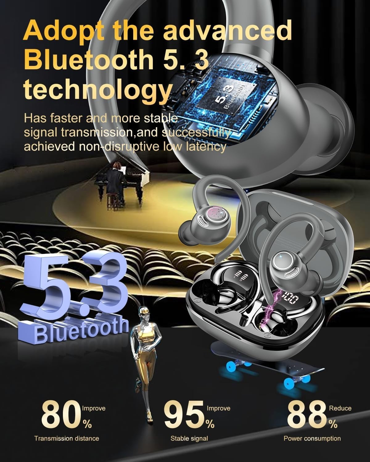 Grey Bluetooth 5.3 Earbuds 40H ENC Mic LED Display Sport Waterproof