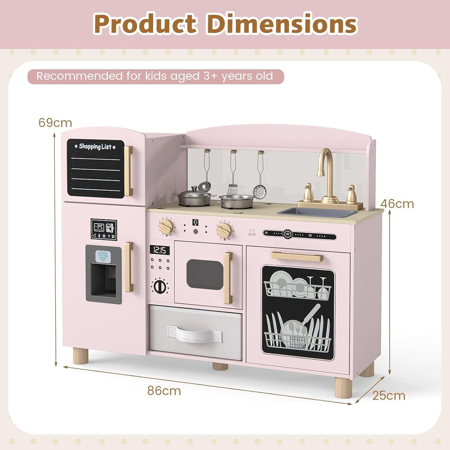 Wooden Kids Play Kitchen Pink w/ Ice Maker Sink Blackboard Toy Set