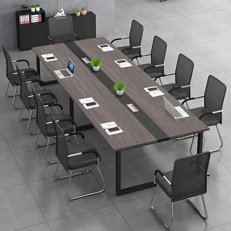 160cm Grey/Black Office Conference Table with Cable Ports & Adjustable Feet