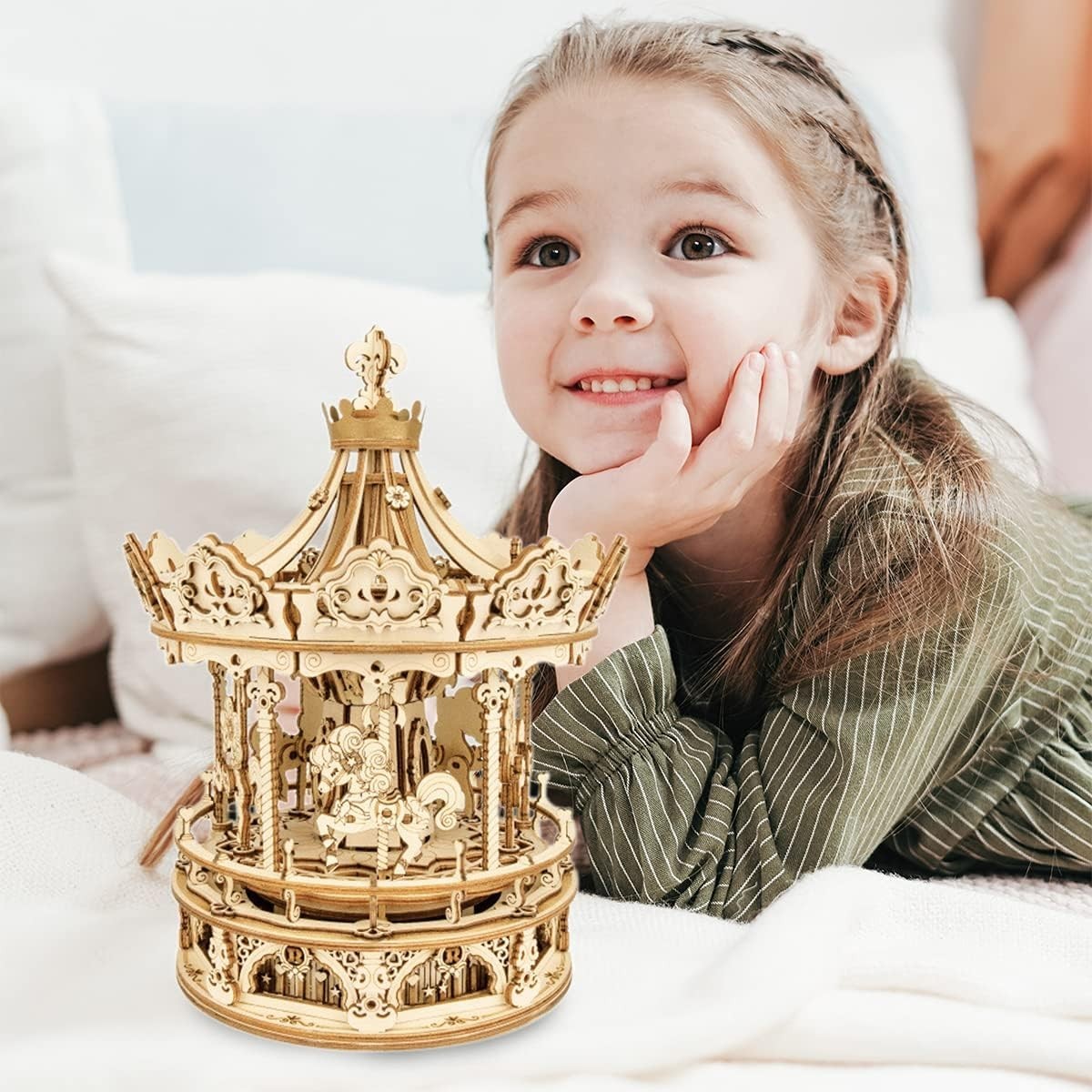 3D Wooden Music Carousel Puzzle with Mechanical Rotation & Light