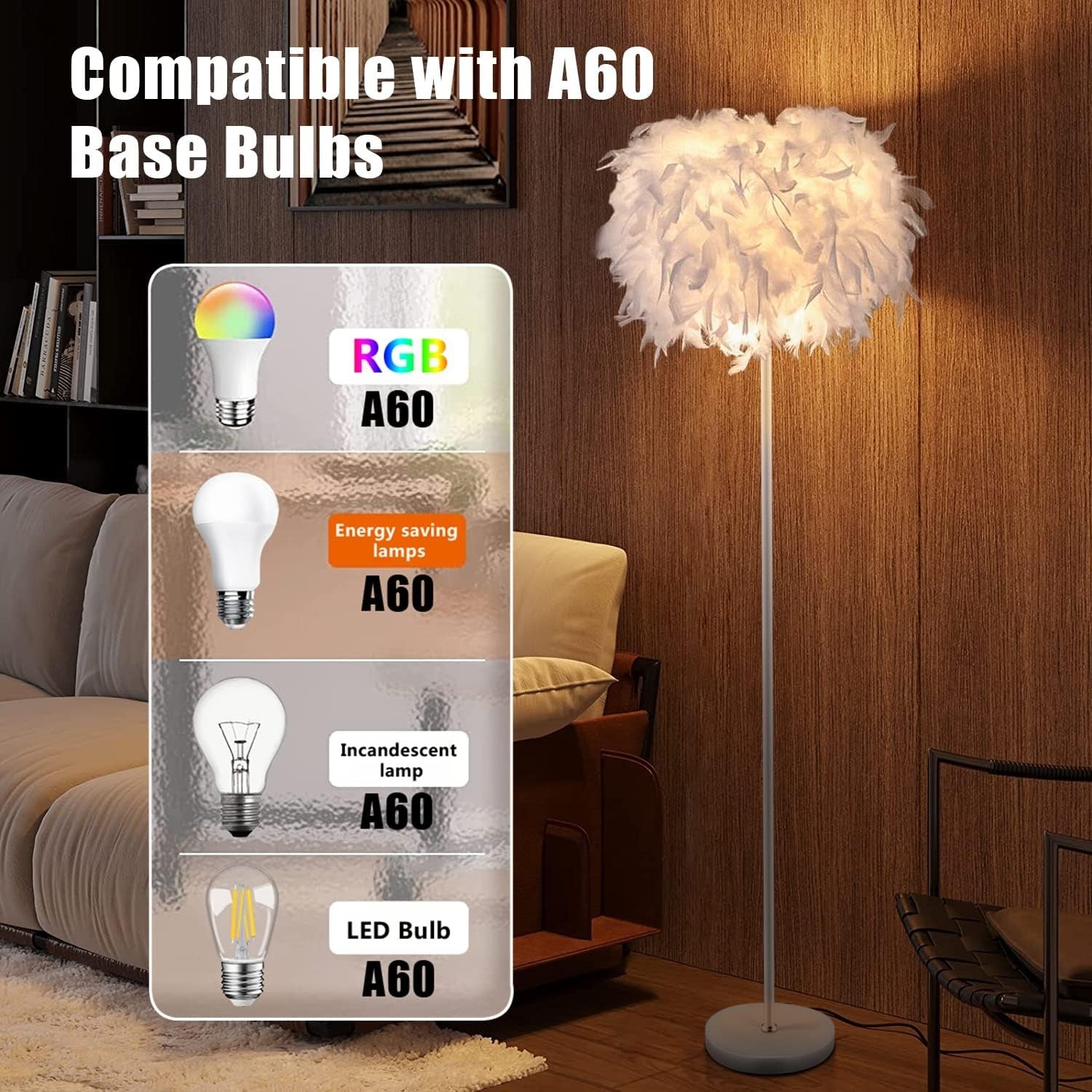 Feather Floor Lamp White Standing Light E27 Modern Bedroom Living Room