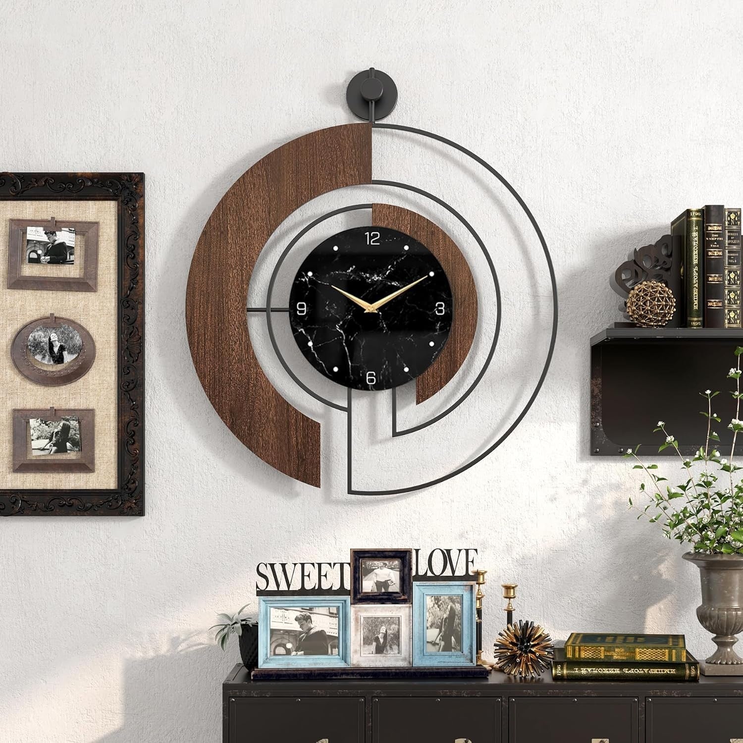 Modern Walnut Marble Dial Wall Clock with Wood & Metal Frame