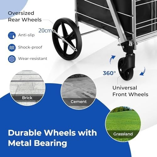 126L Foldable Shopping Trolley Cart – Heavy-Duty Metal, Waterproof, Black+Silver