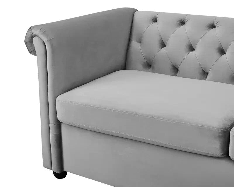 2 Seater Chesterfield Sofa Grey Velvet Scroll Arms Plush Living Room