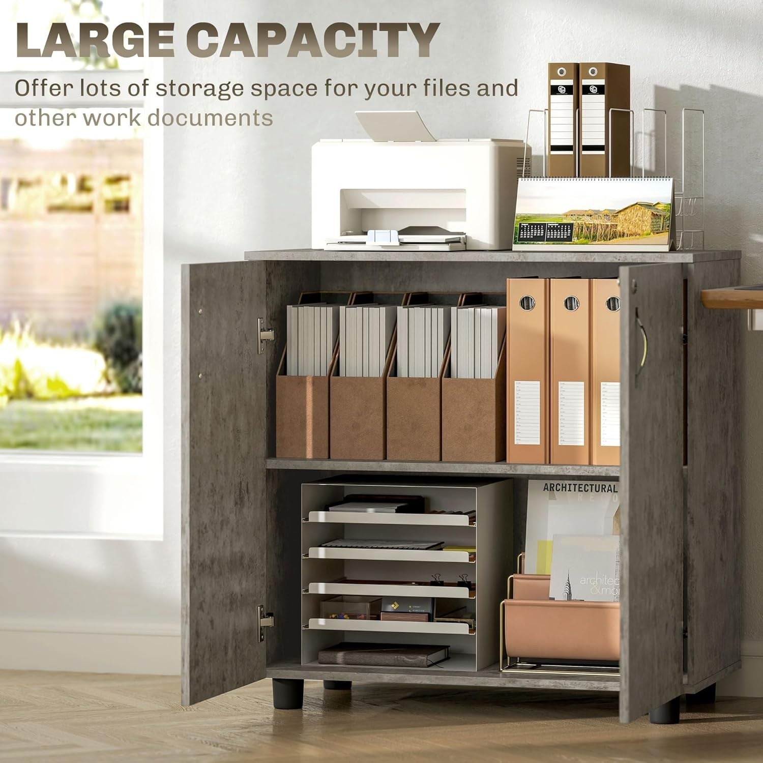 Grey Lockable Filing Cabinet Office Storage Cupboard 2 Door 2 Tier Shelves