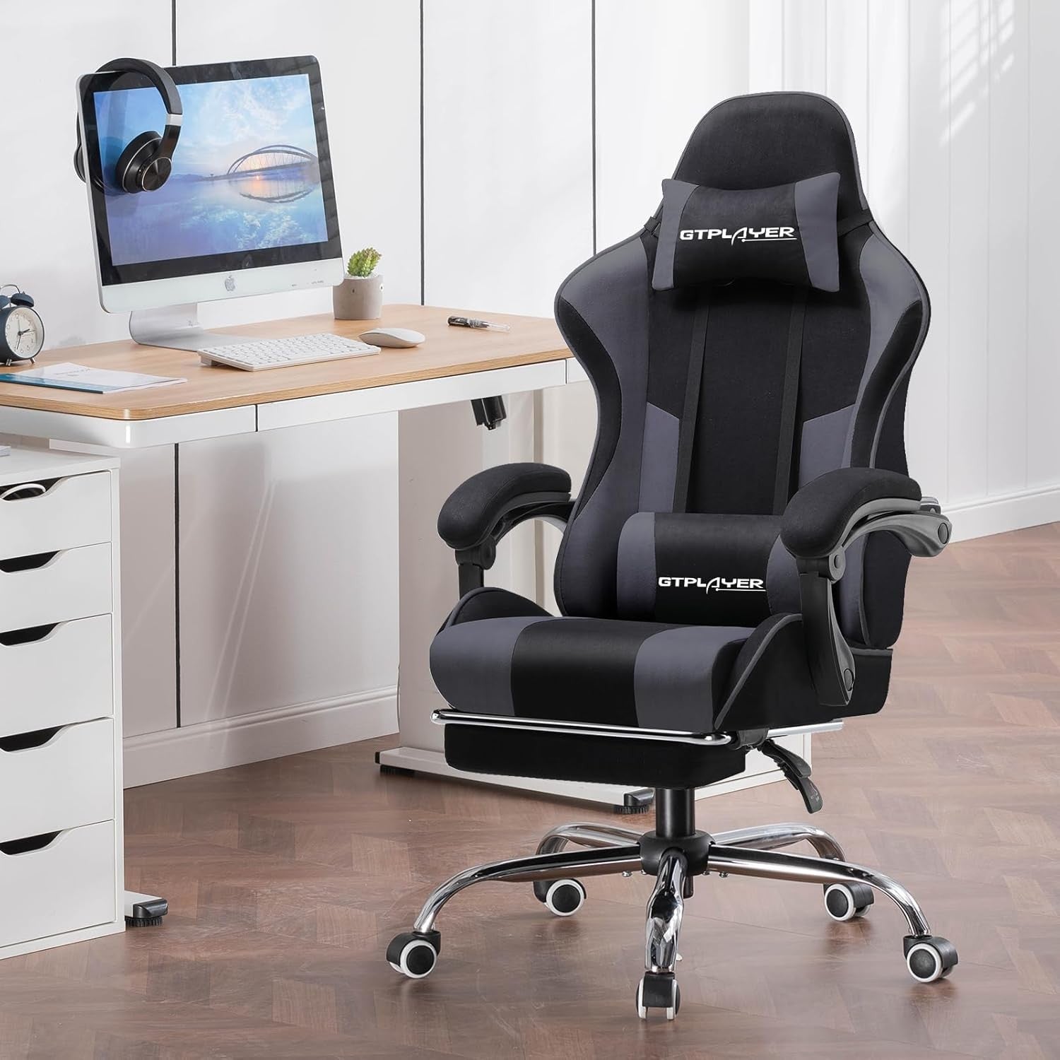 Fabric Gaming Chair Massage Ergonomic Reclining Office Chair Grey
