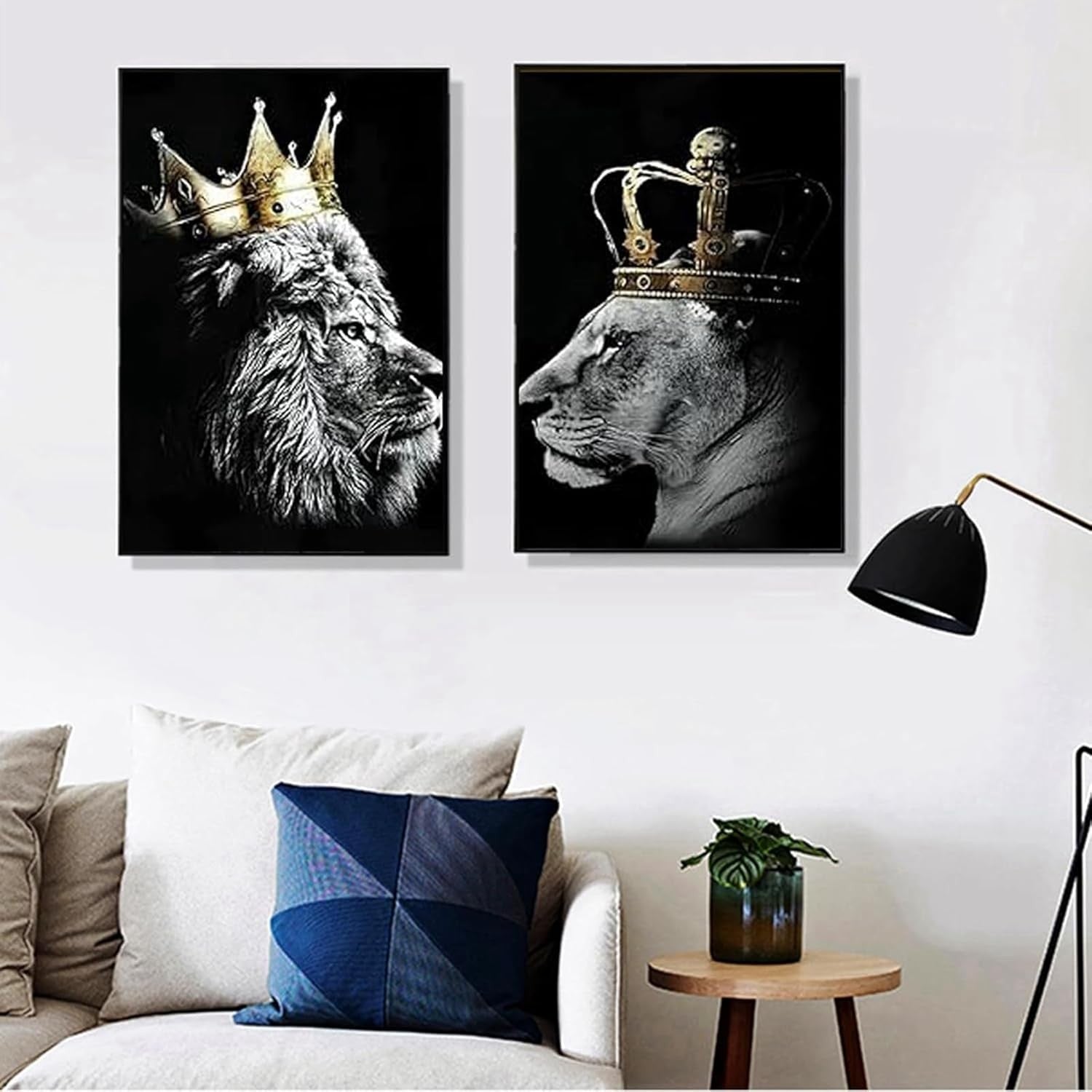 Lion & Lioness Canvas Wall Art Set 3 Black White 40x60cm