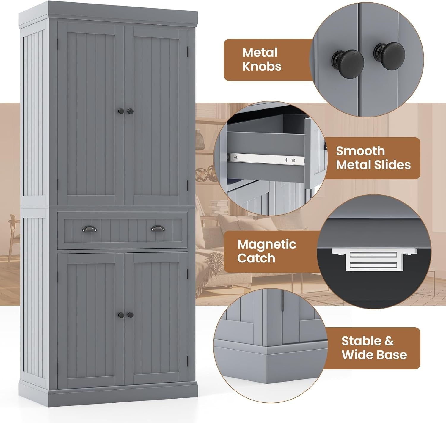 Grey Tall Kitchen Cupboard 183cm Pantry Storage Cabinet Drawer Shelves