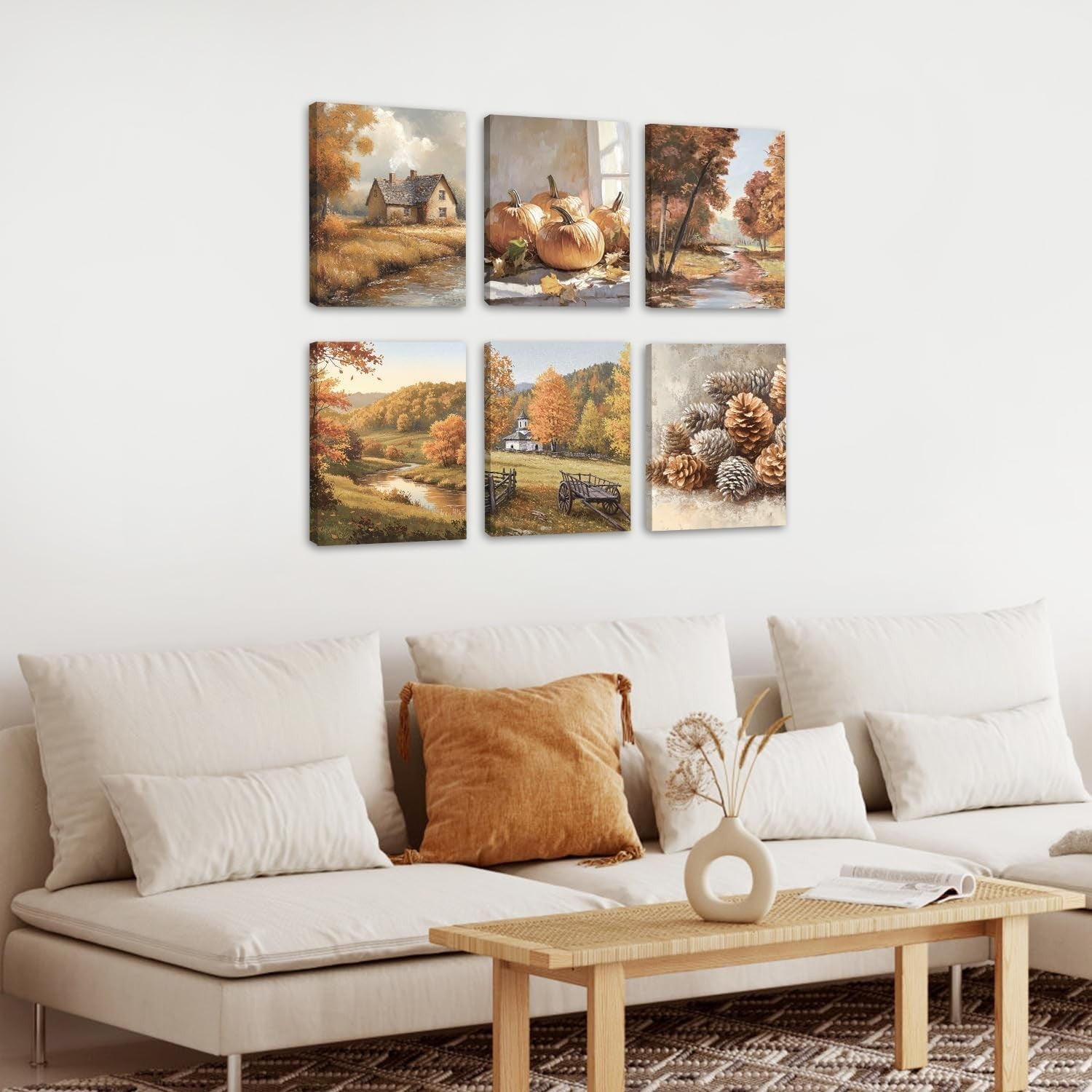 Autumn Landscape Framed Canvas Wall Art Set of 6 Rustic 20x25cm
