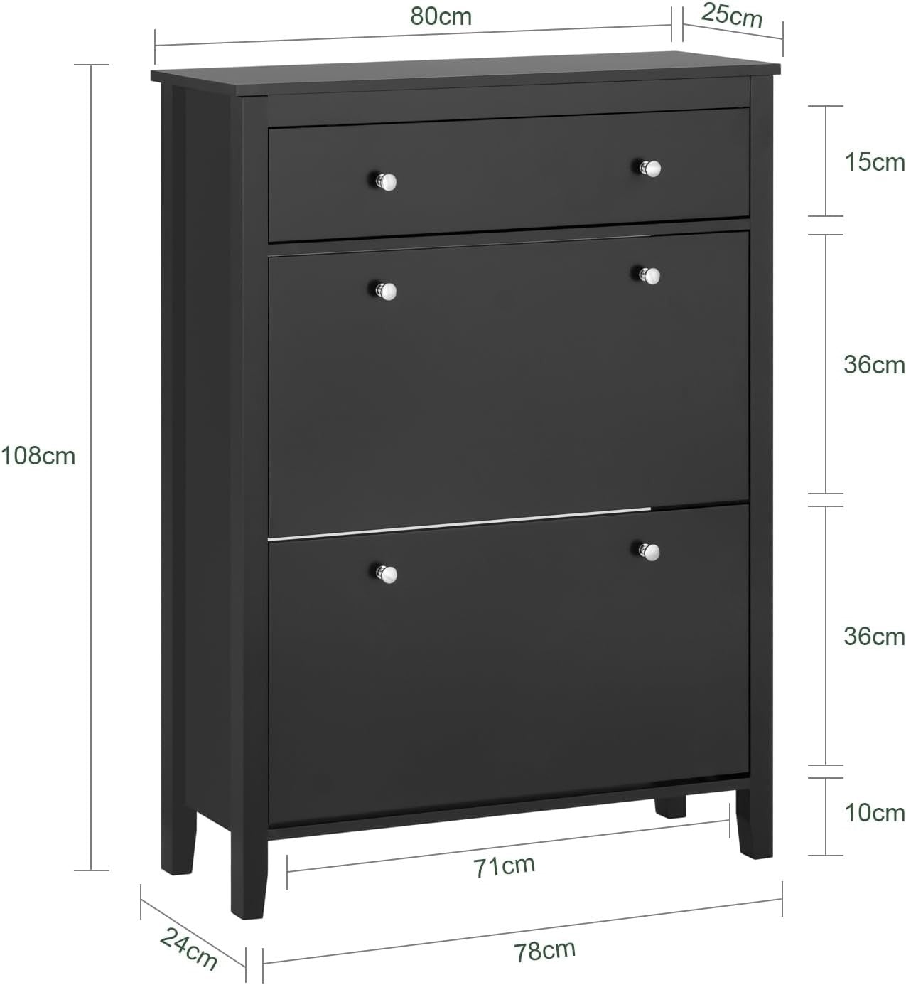 Slim Black Shoe Cabinet with Drawer & Drop Doors, Narrow Storage Unit 80x25x108c