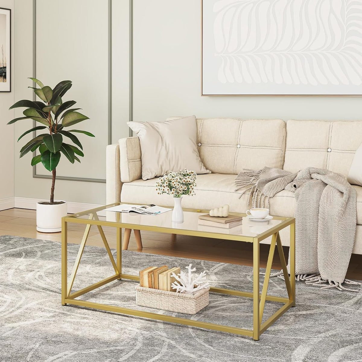 Modern Gold Glass Coffee Table, 100x50cm, Metal Frame, Easy Assembly