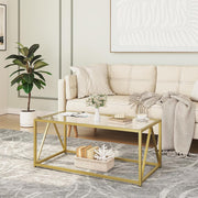 Modern Gold Glass Coffee Table, 100x50cm, Metal Frame, Easy Assembly