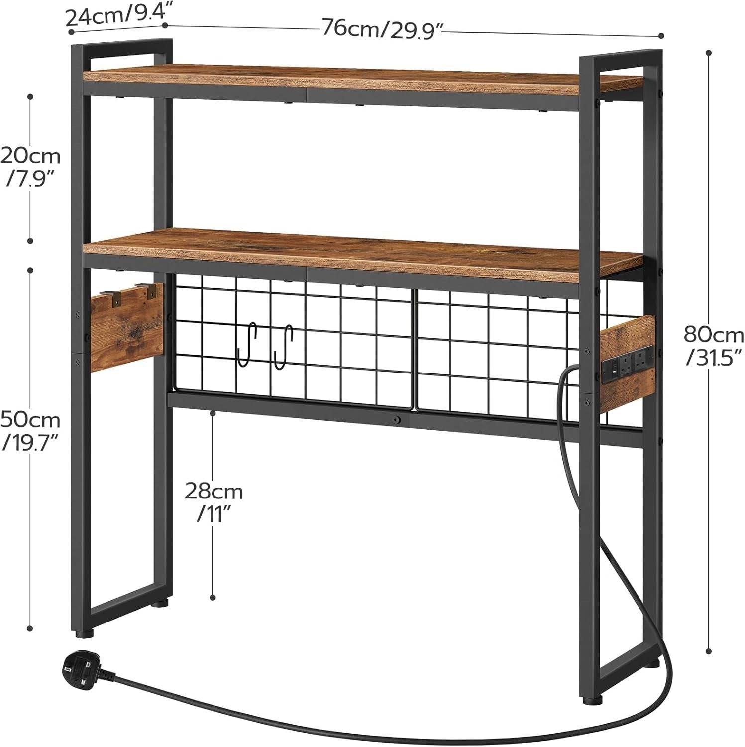 2-Tier Rustic Brown Desk Organizer with LED Lights & Charging Station