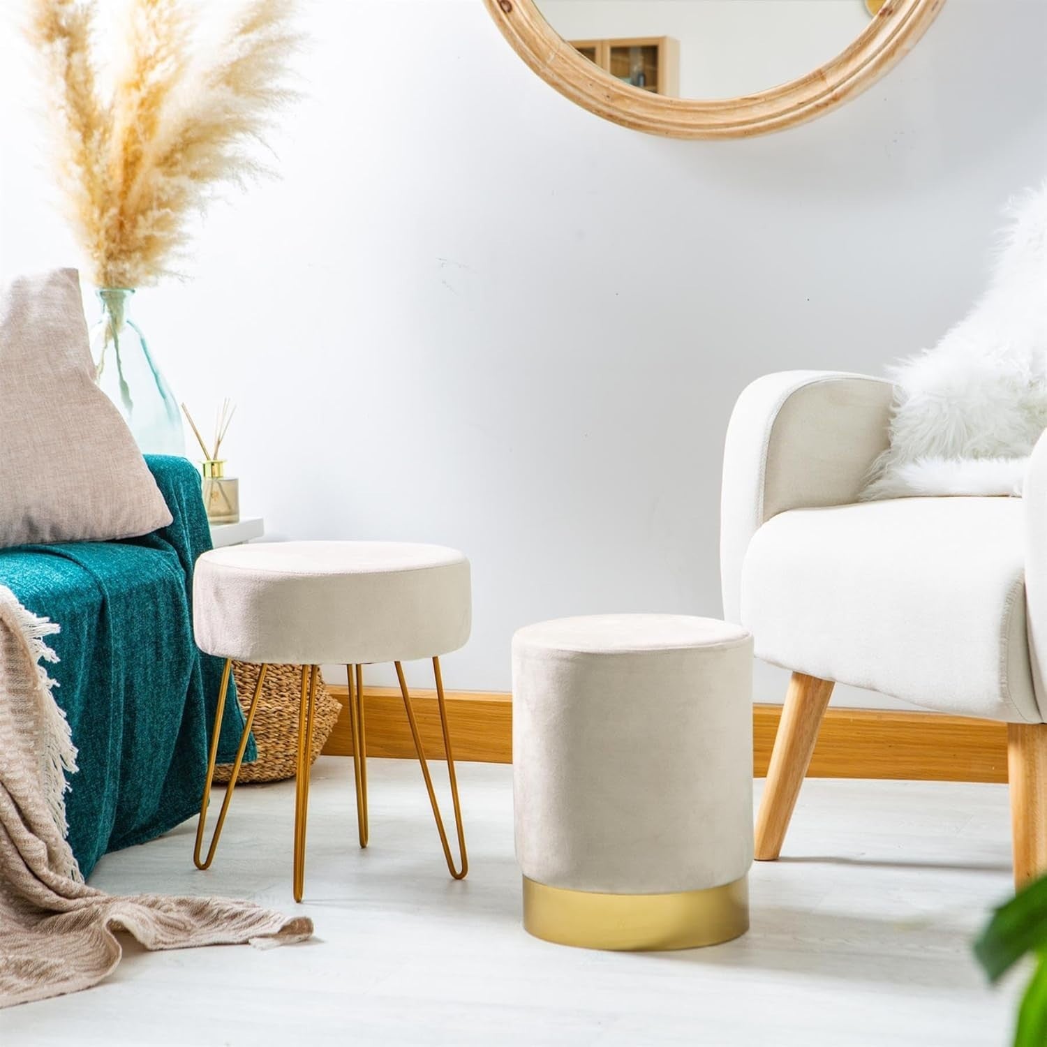 Set of 2 Cream Velvet Footstools Gold Base Round Modern Pouffe Seats