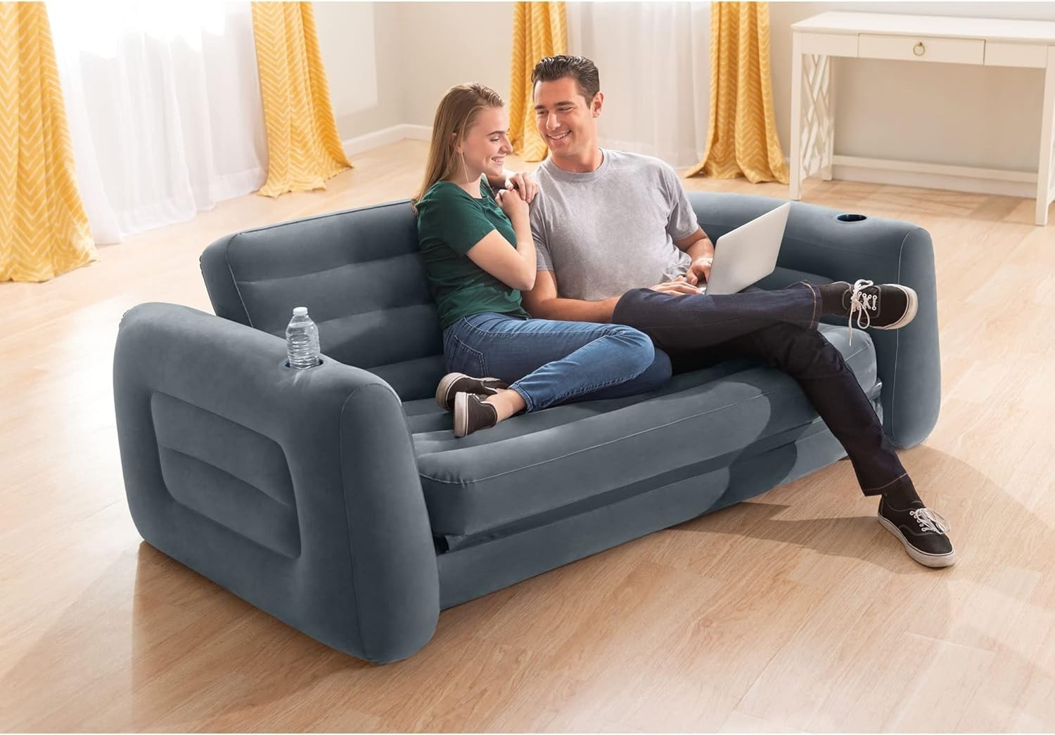 Queen Inflatable Sofa Bed 2-in-1 Air Grey Mattress Waterproof Flocked Top