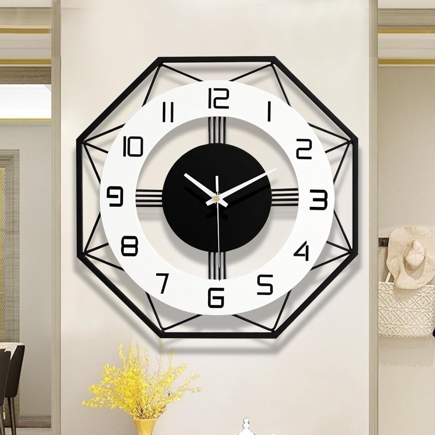 27.5" Silent Wall Clock Black White Modern Large Metal Office Decor