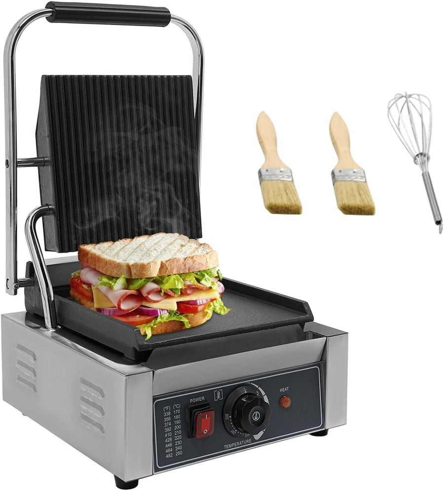Commercial Panini Press Grill Adjustable Temp Double-Sided Plates