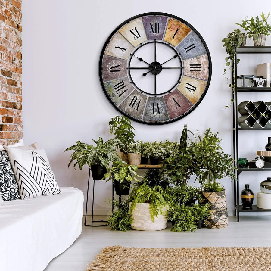 Large Vintage Wall Clock Roman Numerals XXL Metal Round Shabby Chic 80cm