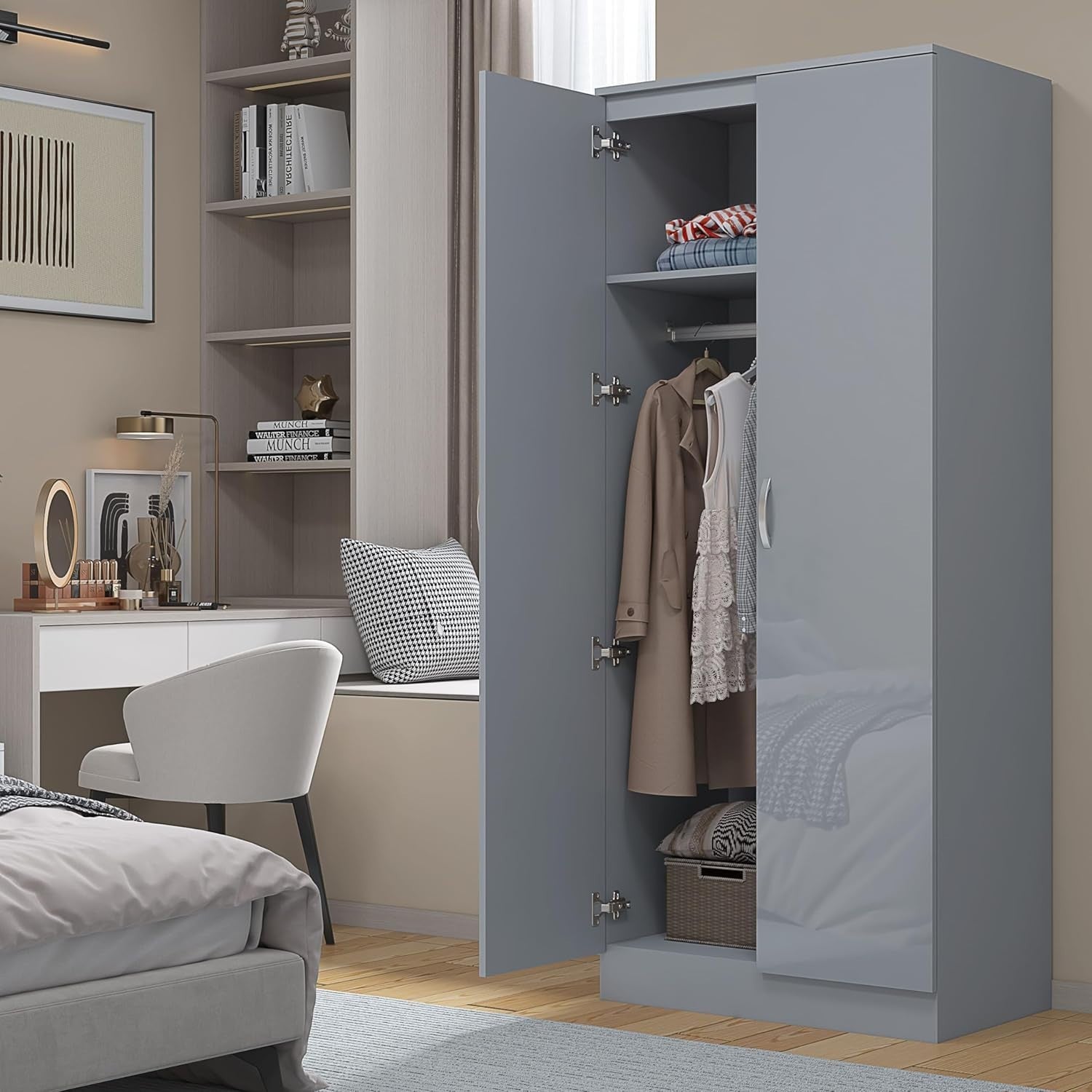 Grey High Gloss 2 Door Slim Wardrobe with Shelf & Hanging Rail 180cm